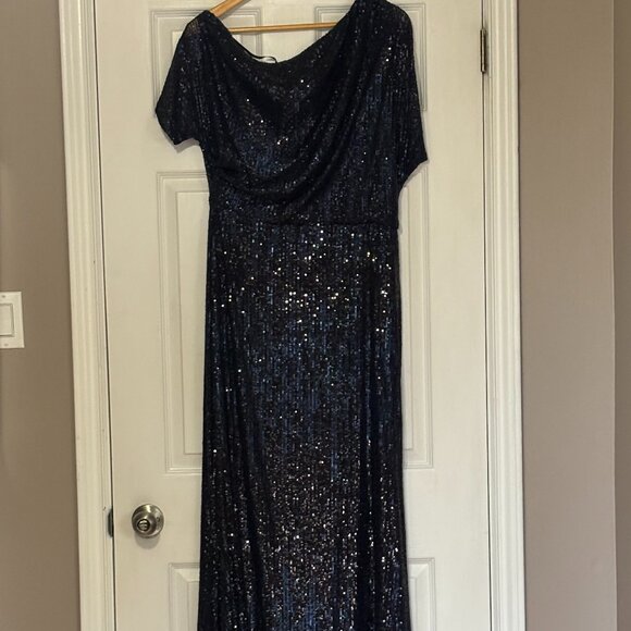 Midnight Blue Sequin One Shoulder Formal Gown - Melanie Lyne (Size 14) - Picture 1 of 4